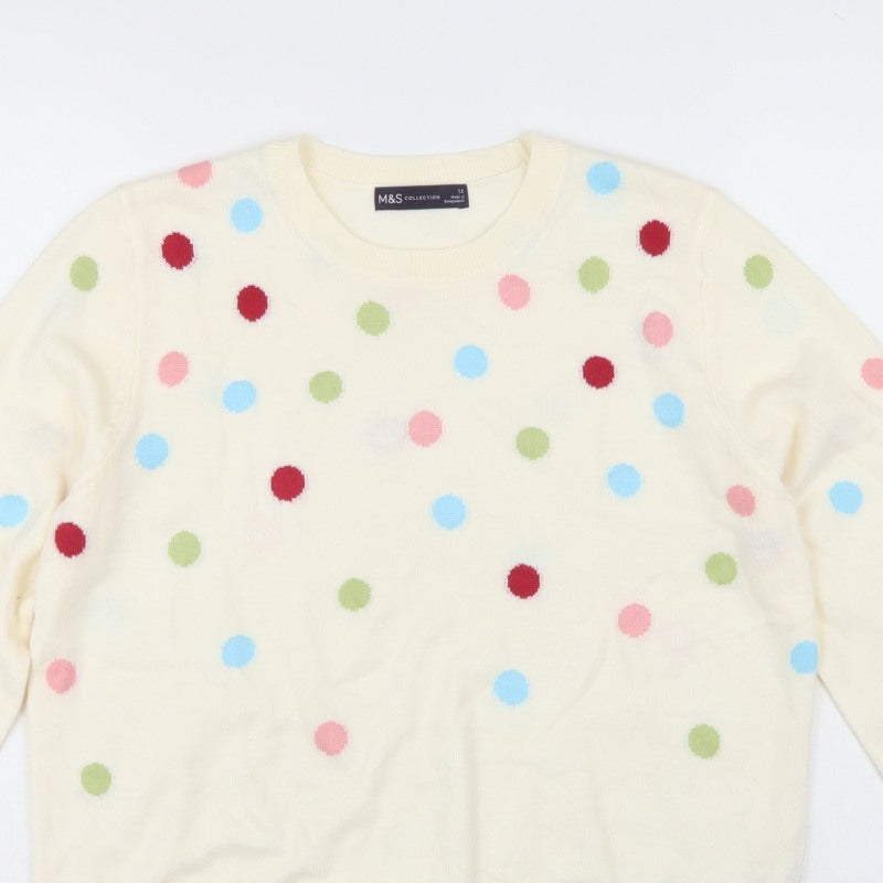 Marks and Spencer Women Ivory Polka Dot Crew Neck Jumper UK 12