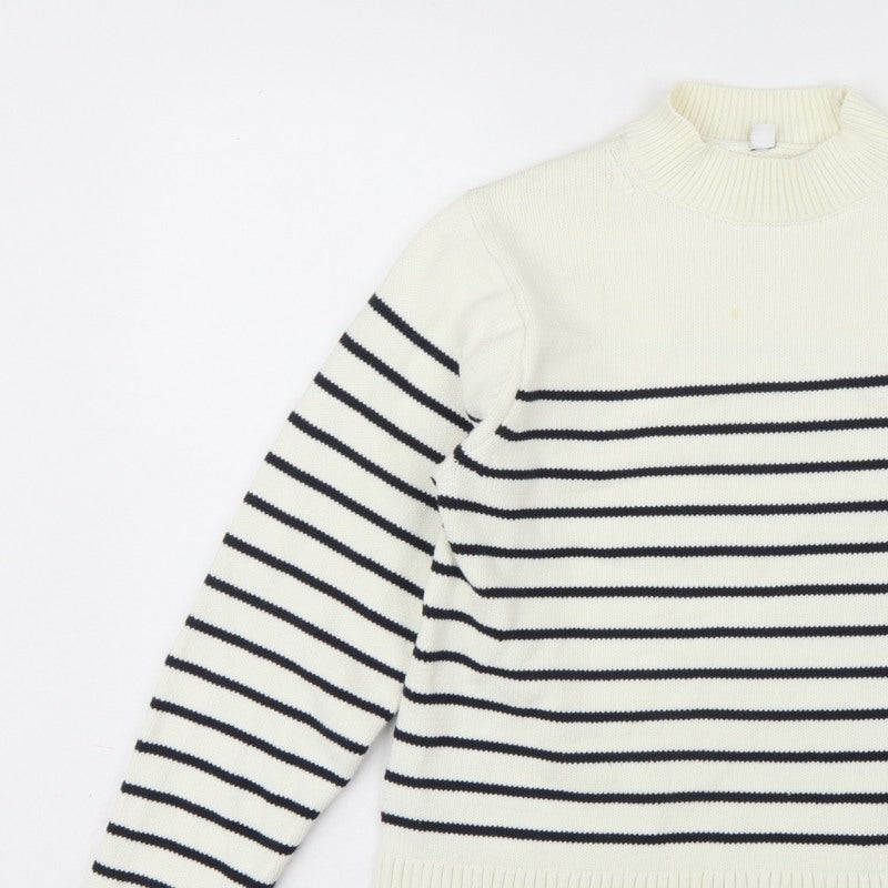 Uniqlo Women Ivory Black Striped XS Mock Neck Cotton Blend Jumper