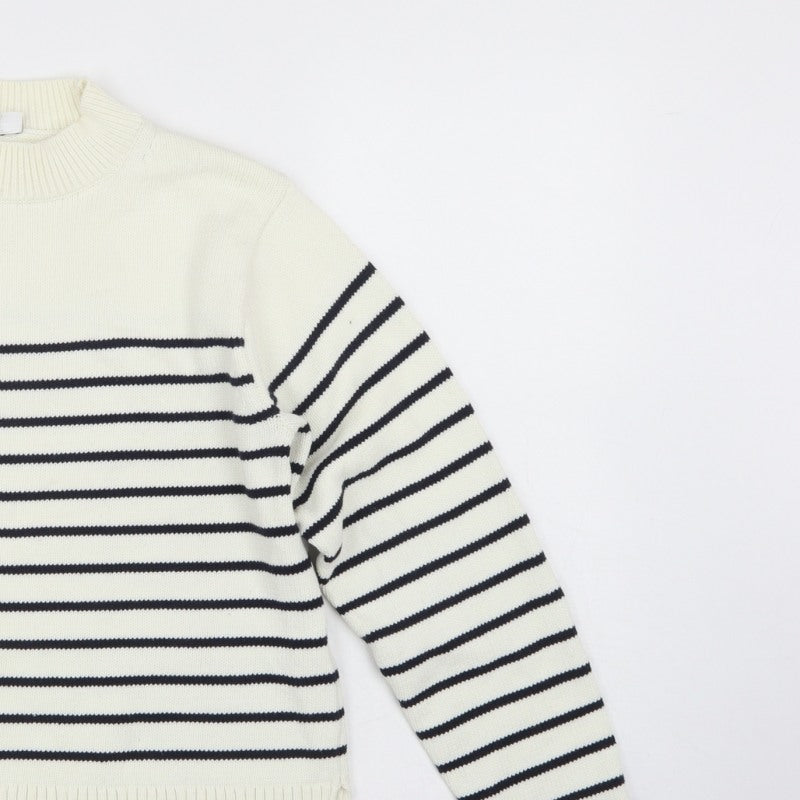 Uniqlo Women Ivory Black Striped XS Mock Neck Cotton Blend Jumper
