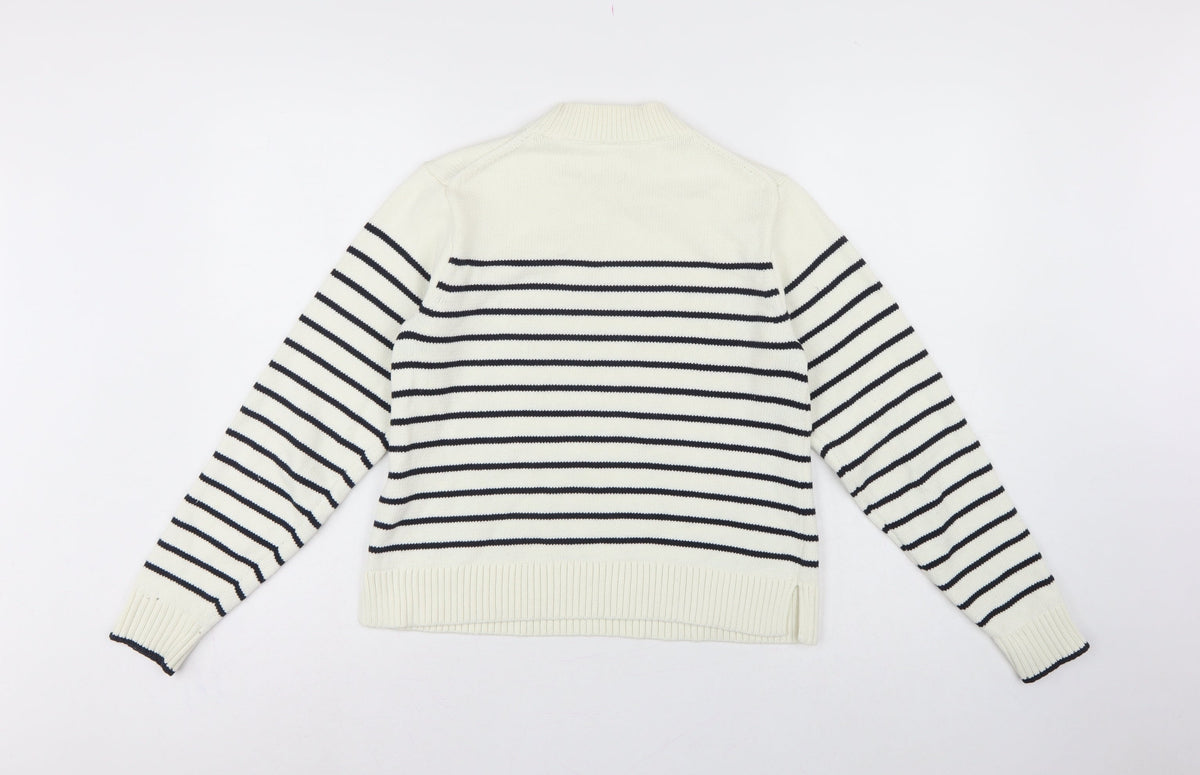 Uniqlo Women Ivory Black Striped XS Mock Neck Cotton Blend Jumper