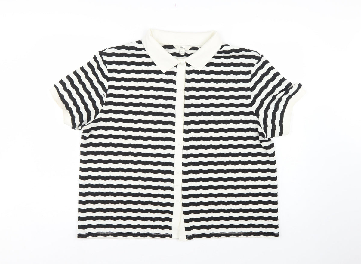 Marks & Spencer Women Black White Striped Size 20 Jersey Polo Shirt