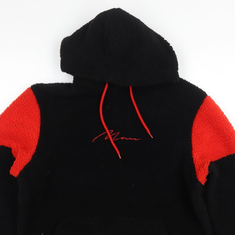 boohooMAN Men's Black Red Sherpa Fleece Hoodie Small Pullover Logo