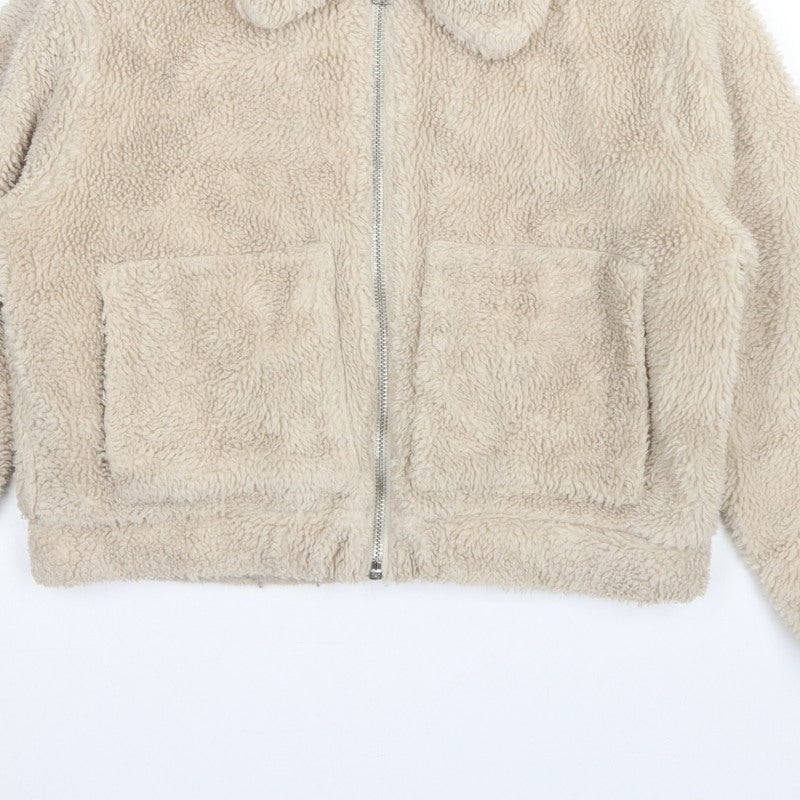 Urban Outfitters Women Beige M Teddy Fleece Zip Jacket Collared