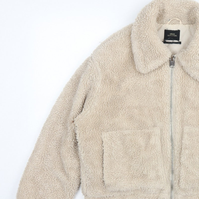 Urban Outfitters Women Beige M Teddy Fleece Zip Jacket Collared