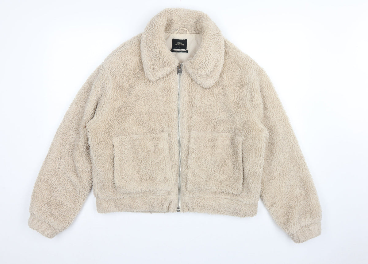 Urban Outfitters Women Beige M Teddy Fleece Zip Jacket Collared