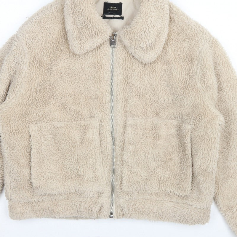 Urban Outfitters Women Beige M Teddy Fleece Zip Jacket Collared
