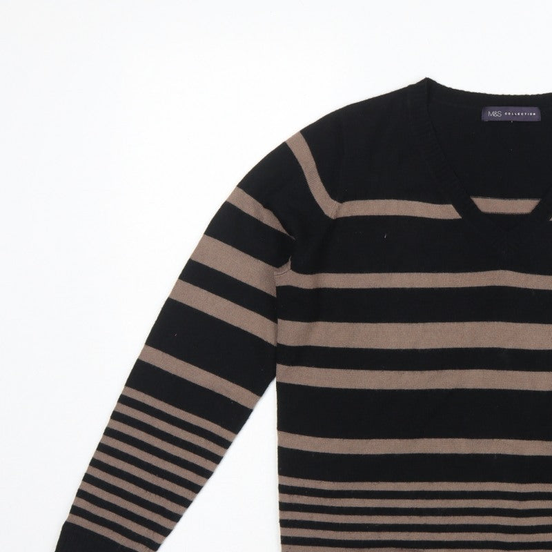 Marks and Spencer Women Black Brown UK 12 V-Neck Striped Knit Jumper