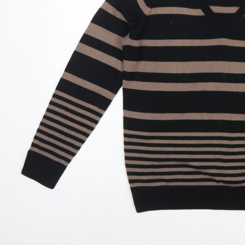 Marks and Spencer Women Black Brown UK 12 V-Neck Striped Knit Jumper
