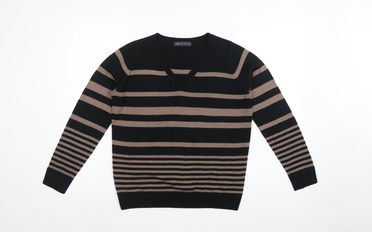 Marks and Spencer Women Black Brown UK 12 V-Neck Striped Knit Jumper