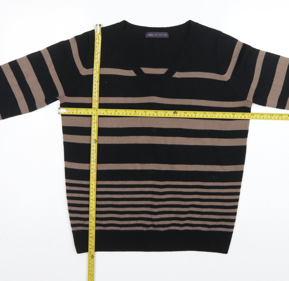 Marks and Spencer Women Black Brown UK 12 V-Neck Striped Knit Jumper