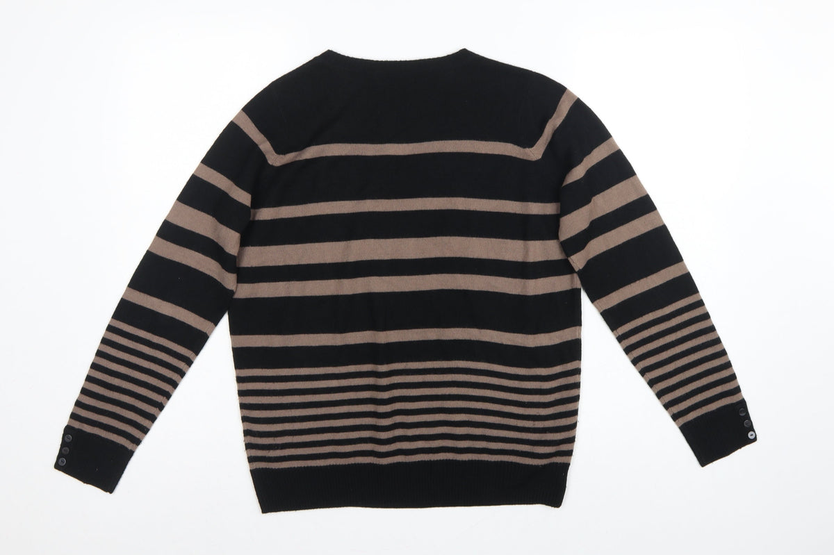 Marks and Spencer Women Black Brown UK 12 V-Neck Striped Knit Jumper
