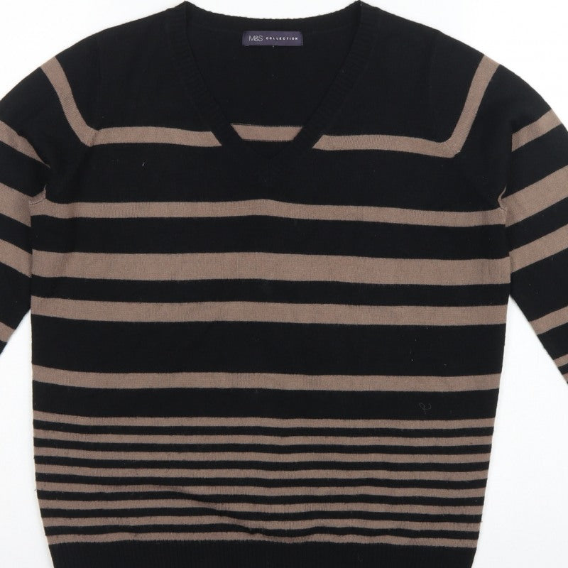 Marks and Spencer Women Black Brown UK 12 V-Neck Striped Knit Jumper