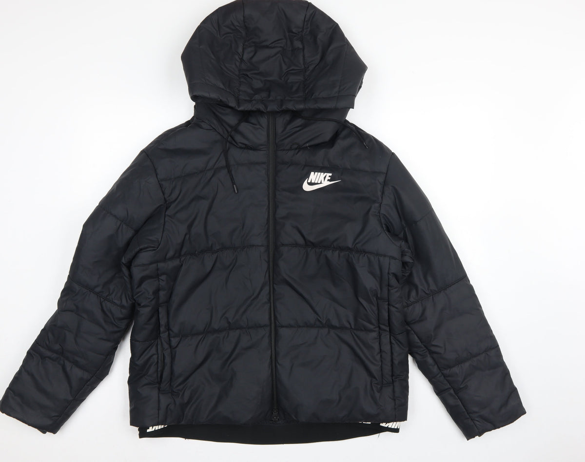 Nike Men Black L Puffer Jacket Hooded Quilted Full Zip