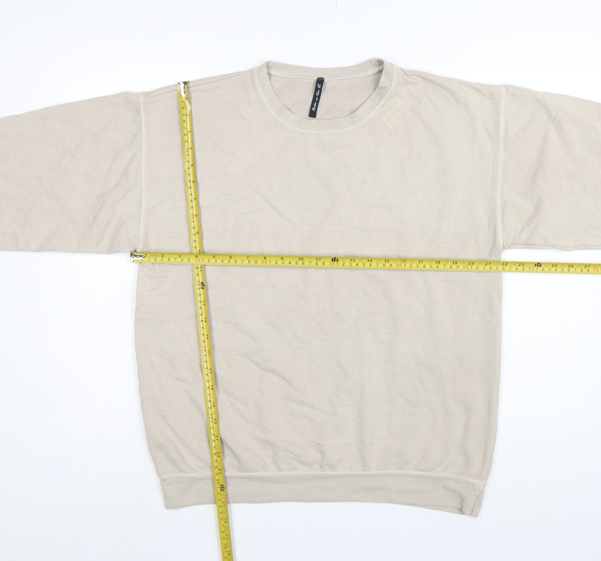 AsYou Men’s Beige Small Crew Neck Logo Pullover Sweatshirt
