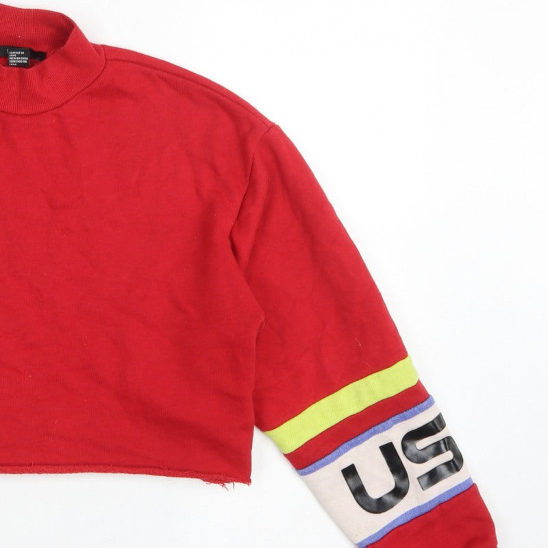 Forever 21 Women Red S USA Logo Cropped High Neck Sweatshirt