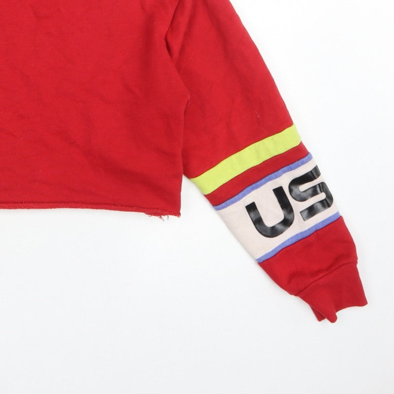 Forever 21 Women Red S USA Logo Cropped High Neck Sweatshirt