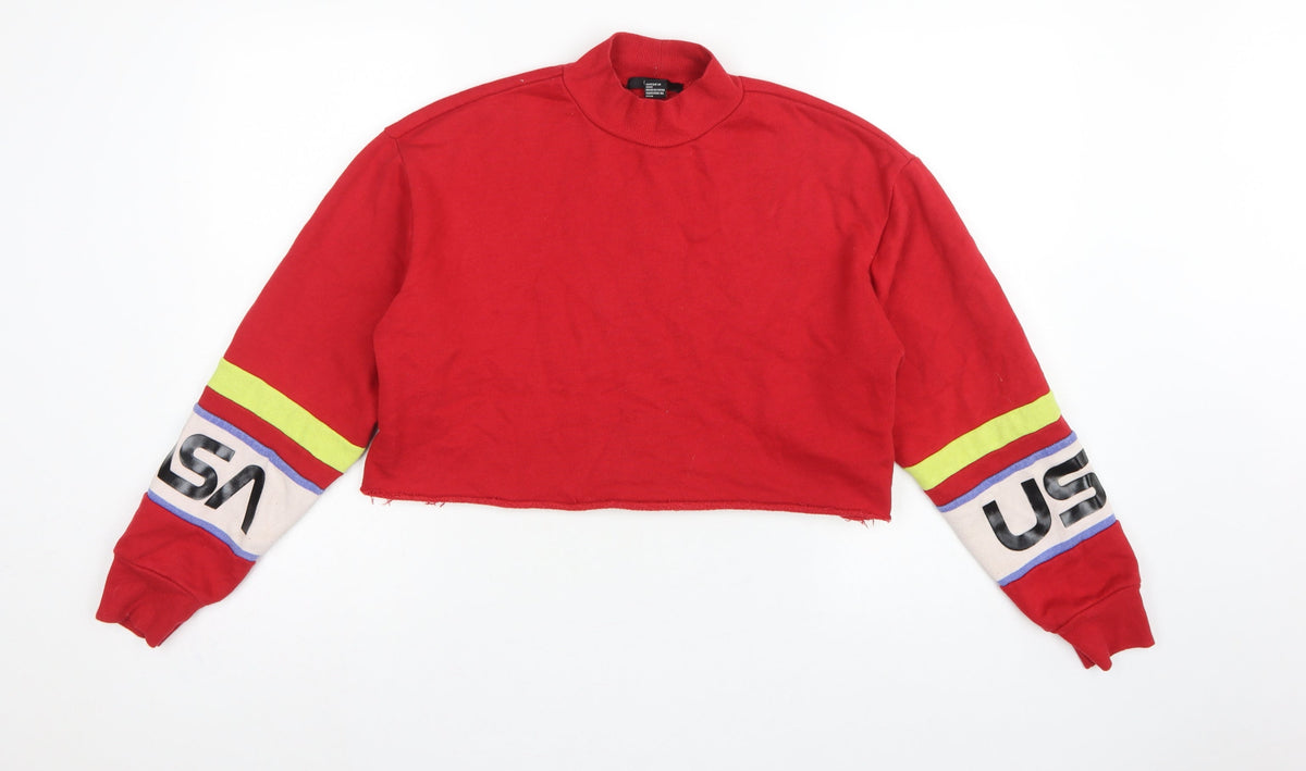 Forever 21 Women Red S USA Logo Cropped High Neck Sweatshirt