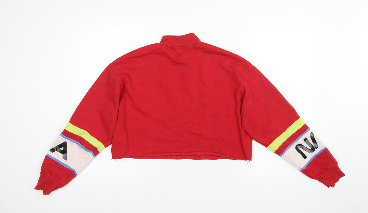 Forever 21 Women Red S USA Logo Cropped High Neck Sweatshirt