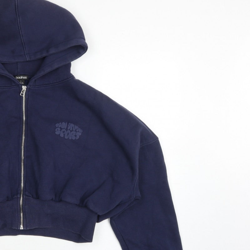 Boohoo Women Blue L Full Zip Hooded Graphic Sport Hoodie
