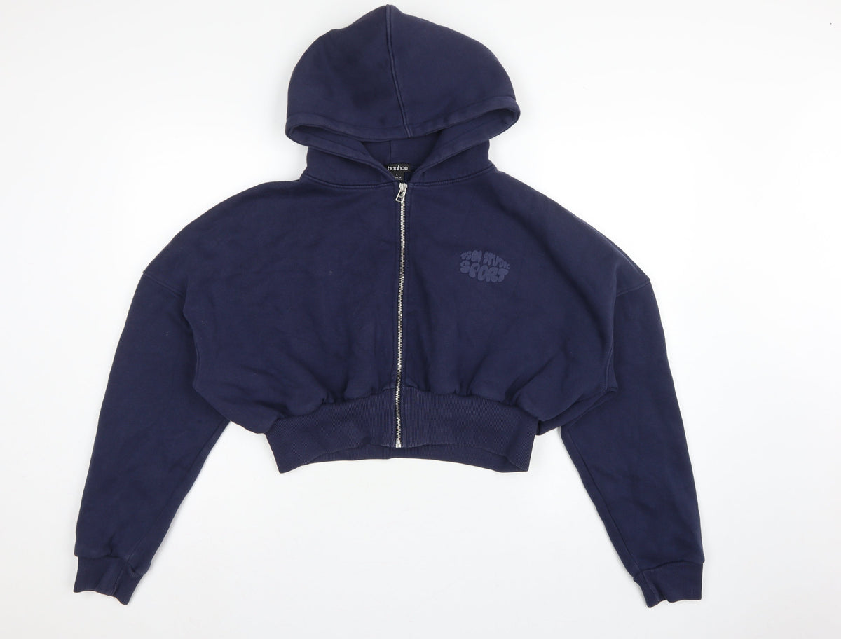 Boohoo Women Blue L Full Zip Hooded Graphic Sport Hoodie