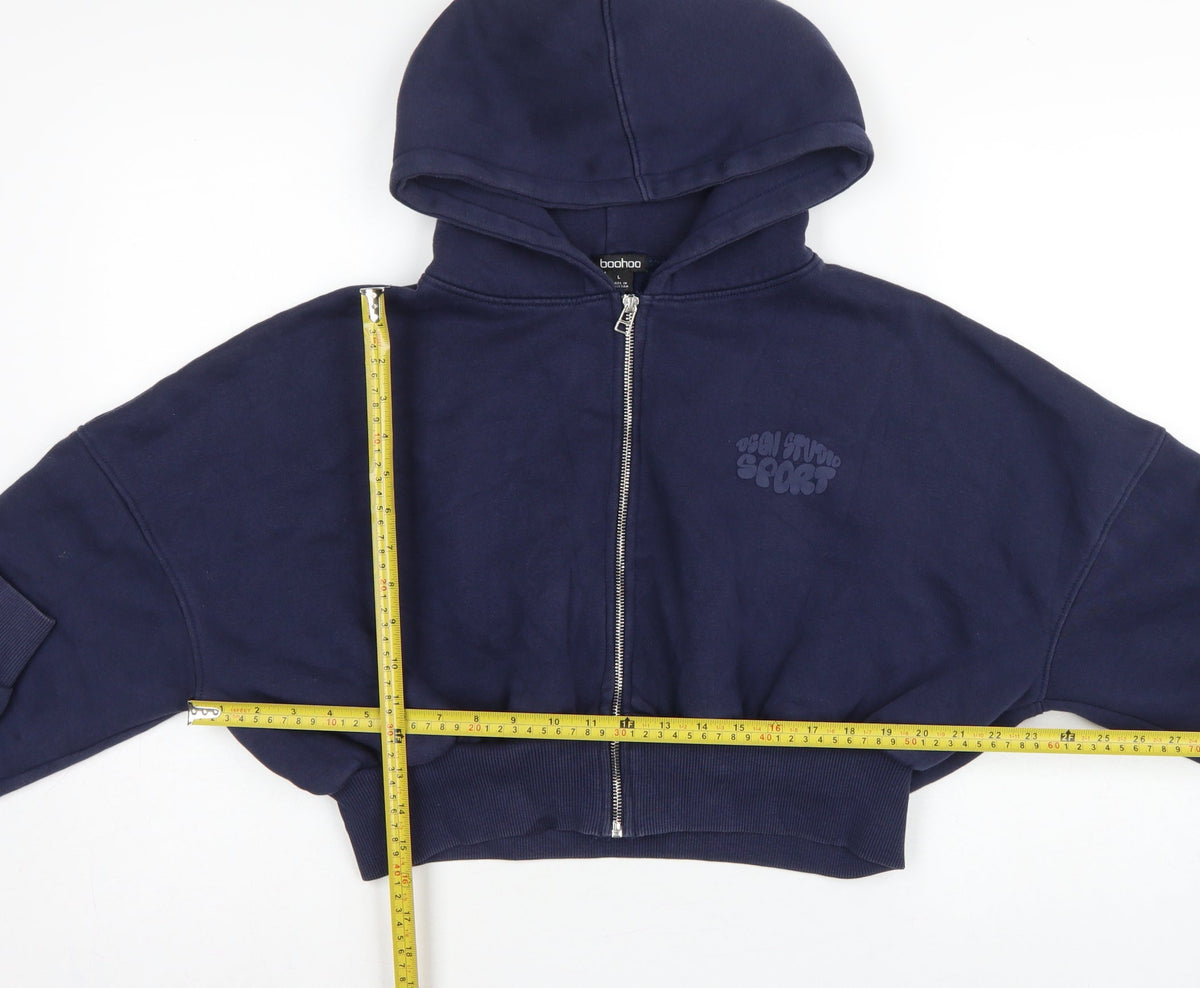 Boohoo Women Blue L Full Zip Hooded Graphic Sport Hoodie