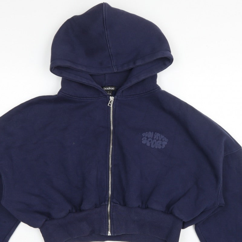 Boohoo Women Blue L Full Zip Hooded Graphic Sport Hoodie