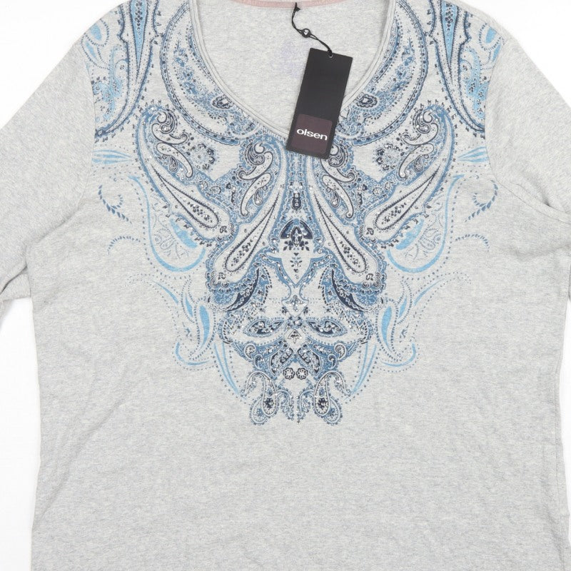 Olsen Women Grey UK 20 Bohemian Paisley V-Neck 3/4 Sleeve T-Shirt