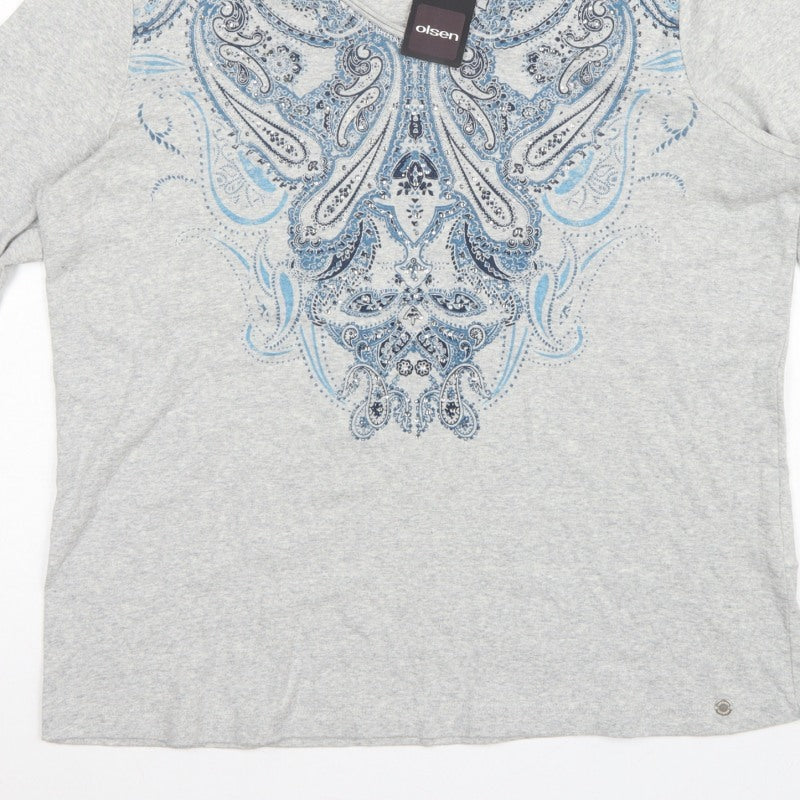 Olsen Women Grey UK 20 Bohemian Paisley V-Neck 3/4 Sleeve T-Shirt