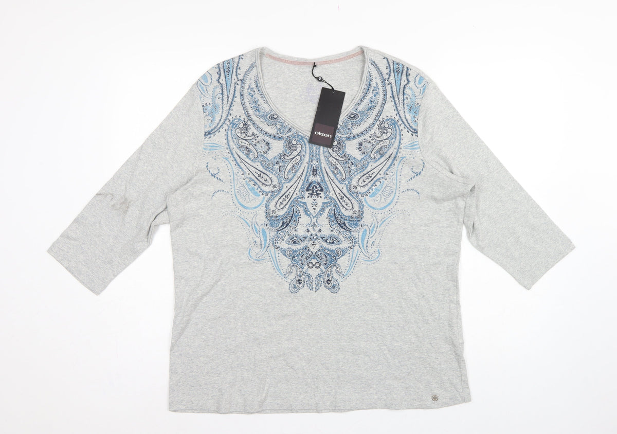 Olsen Women Grey UK 20 Bohemian Paisley V-Neck 3/4 Sleeve T-Shirt