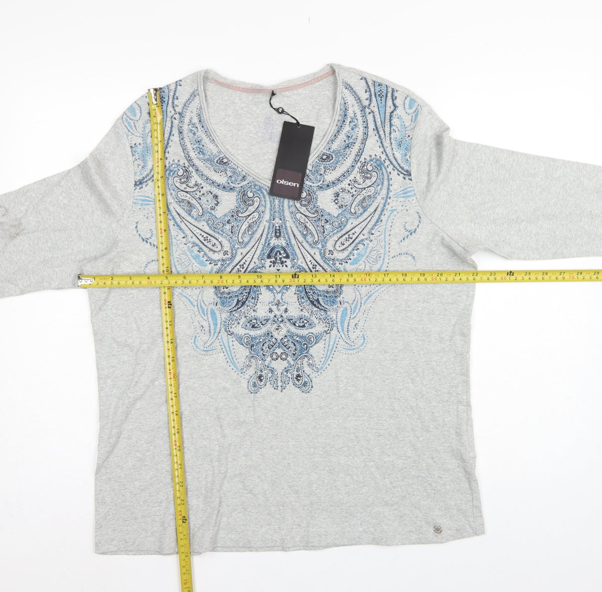 Olsen Women Grey UK 20 Bohemian Paisley V-Neck 3/4 Sleeve T-Shirt