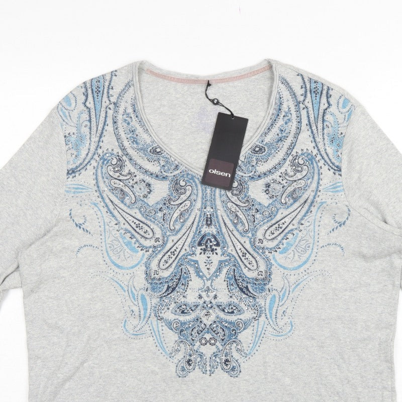 Olsen Women Grey UK 20 Bohemian Paisley V-Neck 3/4 Sleeve T-Shirt