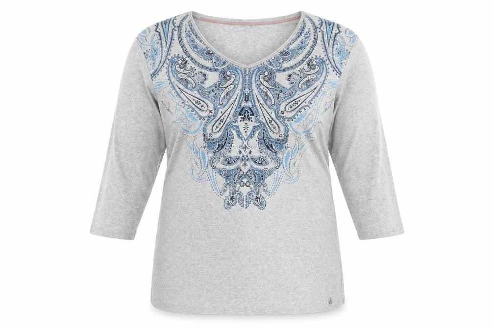 Olsen Women Grey UK 20 Bohemian Paisley V-Neck 3/4 Sleeve T-Shirt