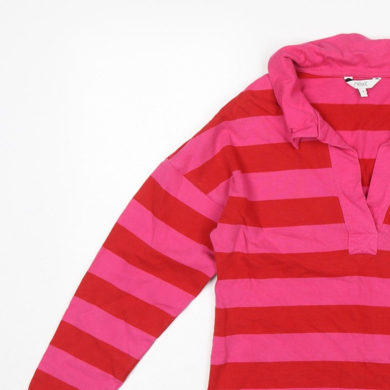 Next Women Pink Red Striped Long Sleeve Polo Top Size S