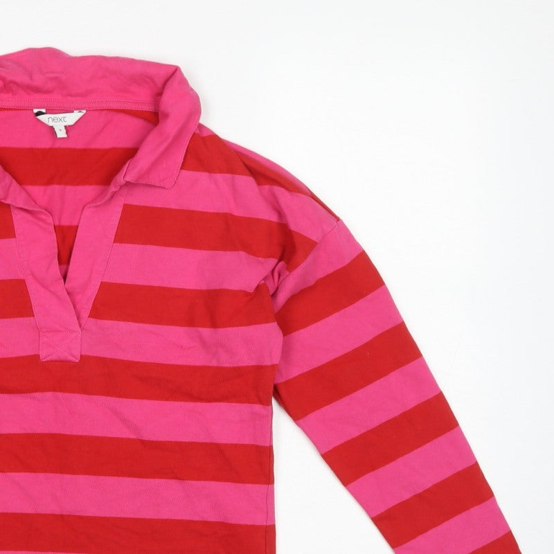 Next Women Pink Red Striped Long Sleeve Polo Top Size S