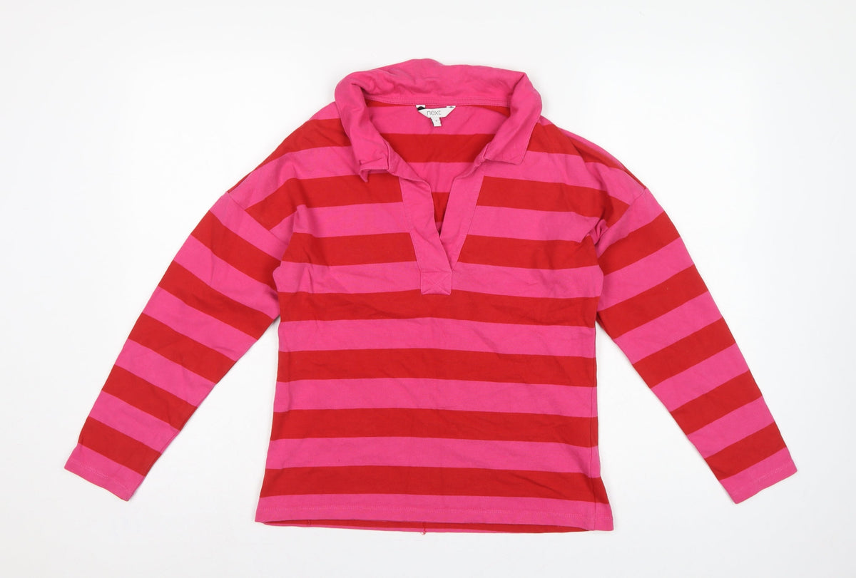 Next Women Pink Red Striped Long Sleeve Polo Top Size S
