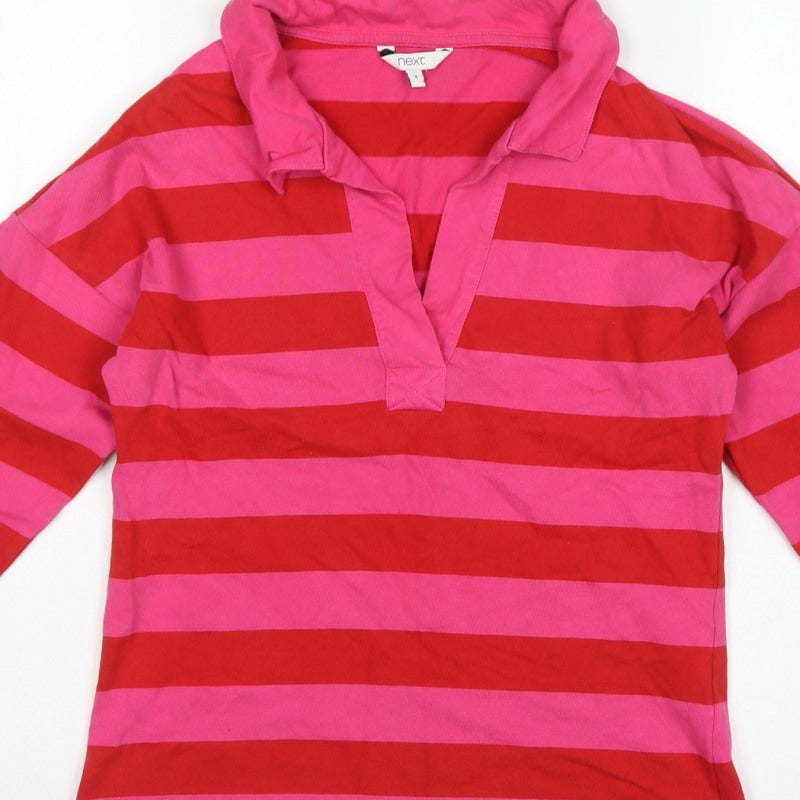 Next Women Pink Red Striped Long Sleeve Polo Top Size S