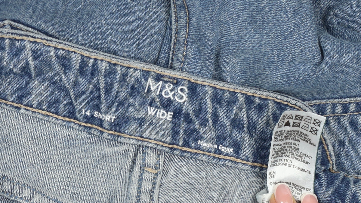 M&S Women’s Blue Wide Leg Drawstring Denim Jeans UK 14 Short