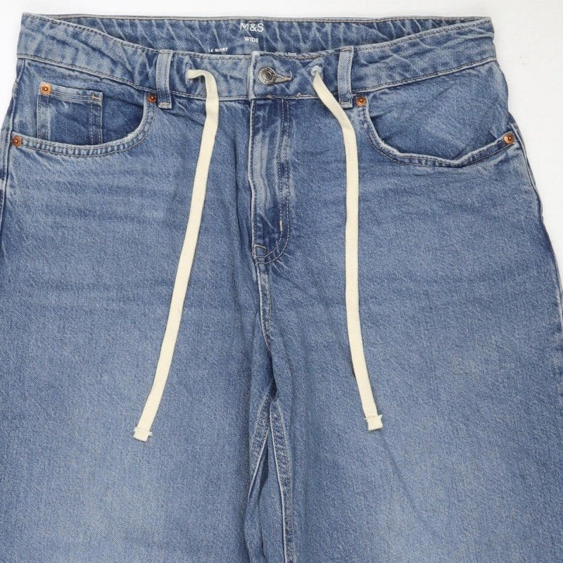 M&S Women’s Blue Wide Leg Drawstring Denim Jeans UK 14 Short