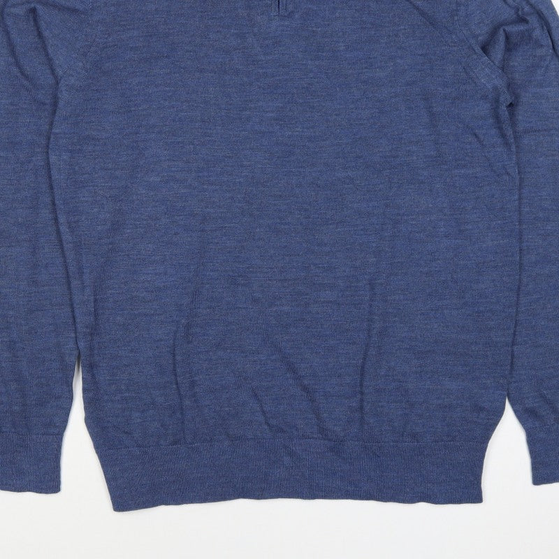 M&S Autograph Men Blue M Merino Wool 1/4 Zip High Neck Jumper