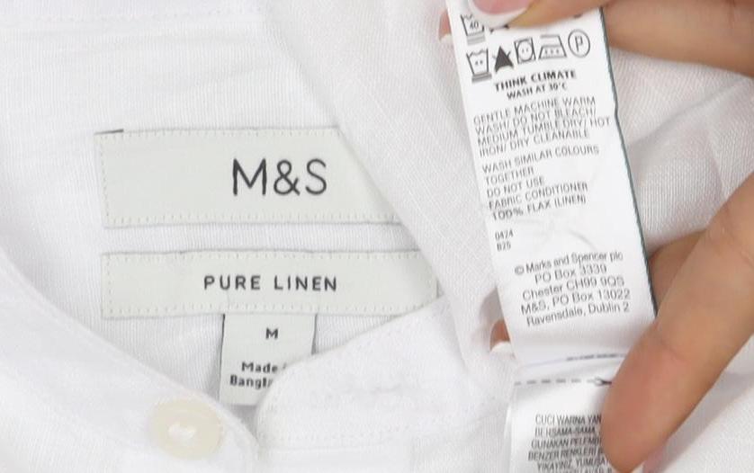 M&S Men’s White M Pure Linen Band Collar Long Sleeve Button-Up Shirt