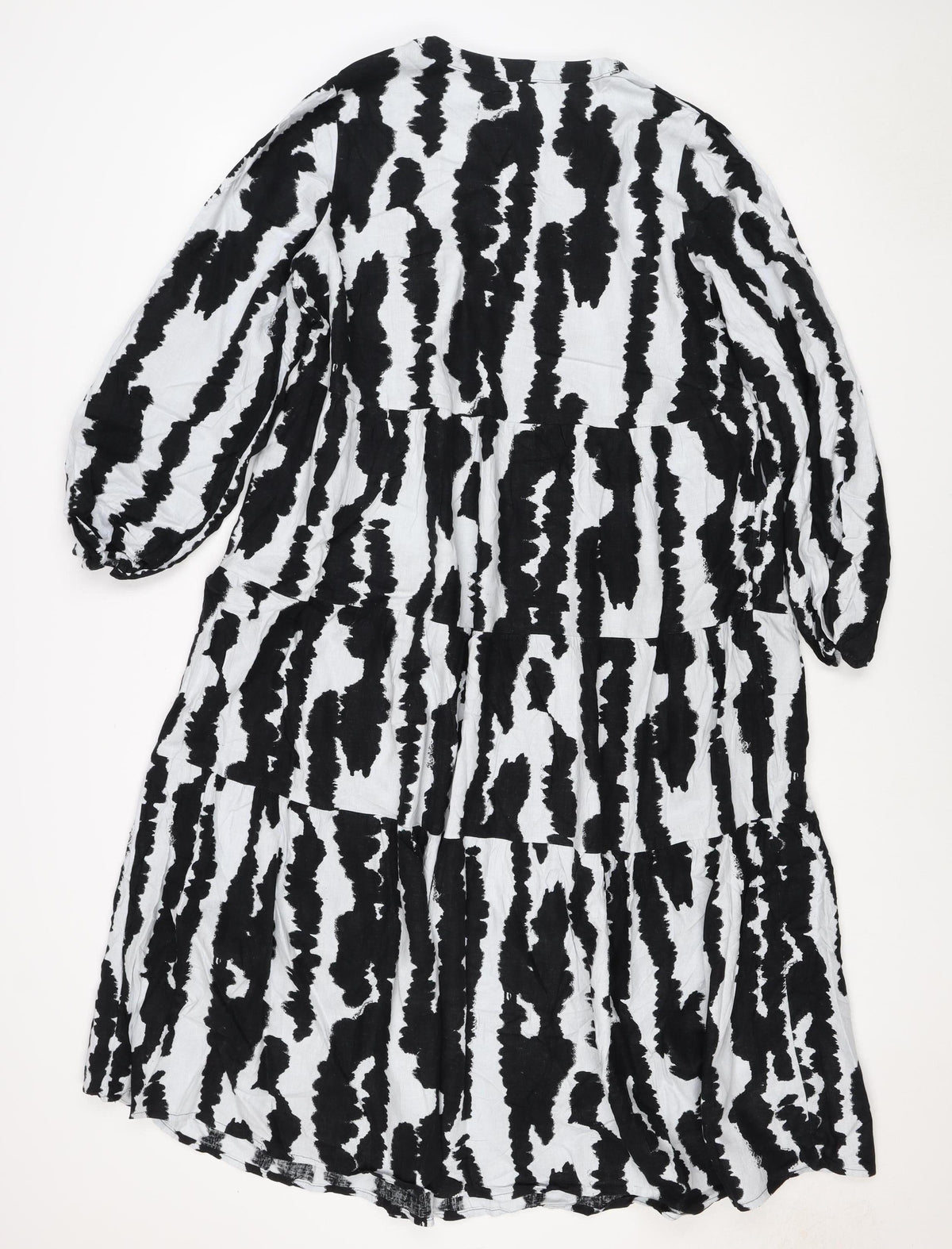 M&S Women Black White Linen Rich Size 14 Shift Knee Dress