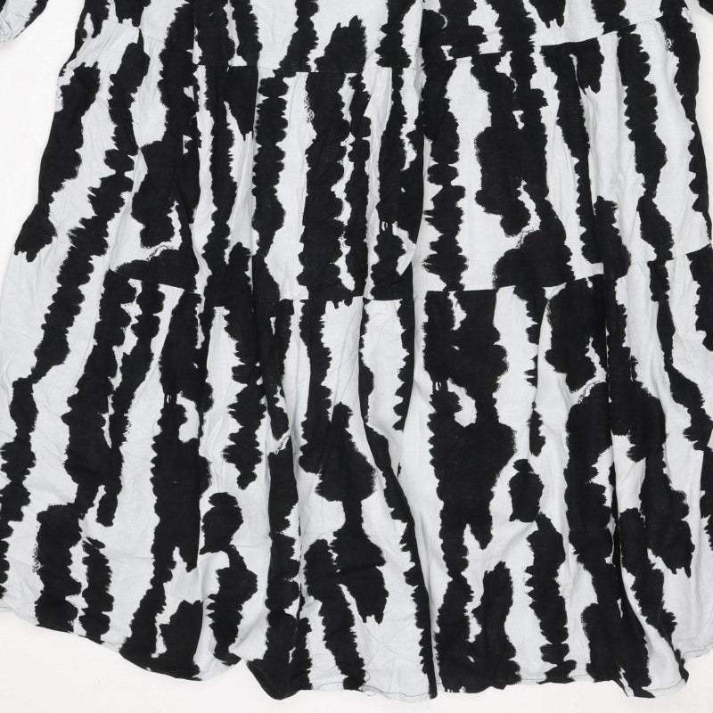 M&S Women Black White Linen Rich Size 14 Shift Knee Dress