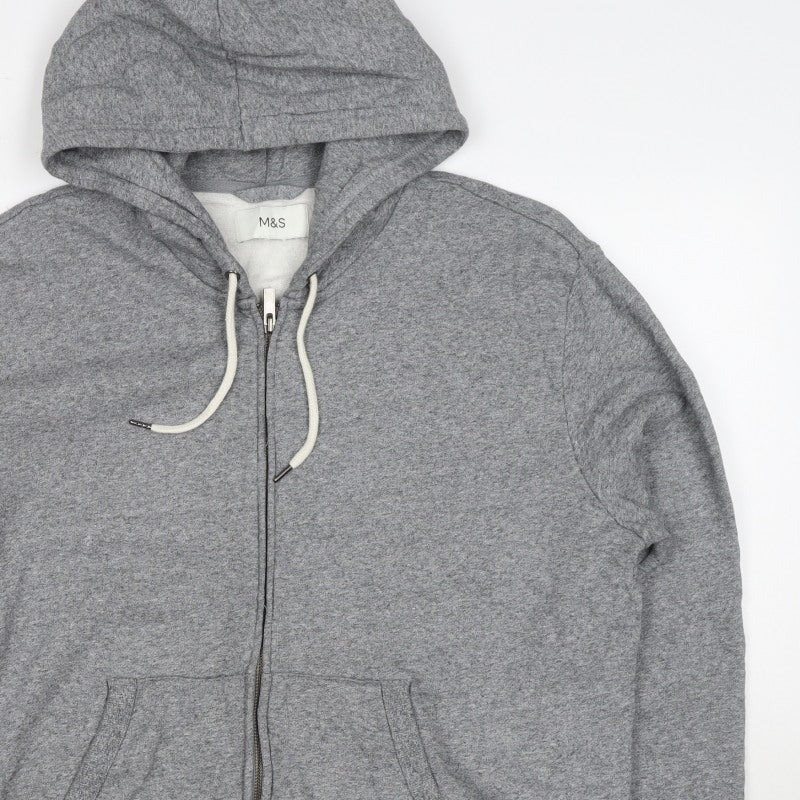 Marks and Spencer Men Grey L Full Zip Hooded Cotton Fleece Hoodie