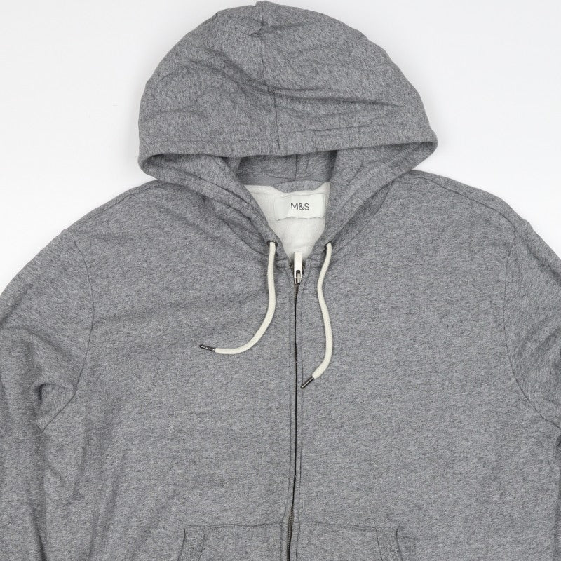 Marks and Spencer Men Grey L Full Zip Hooded Cotton Fleece Hoodie