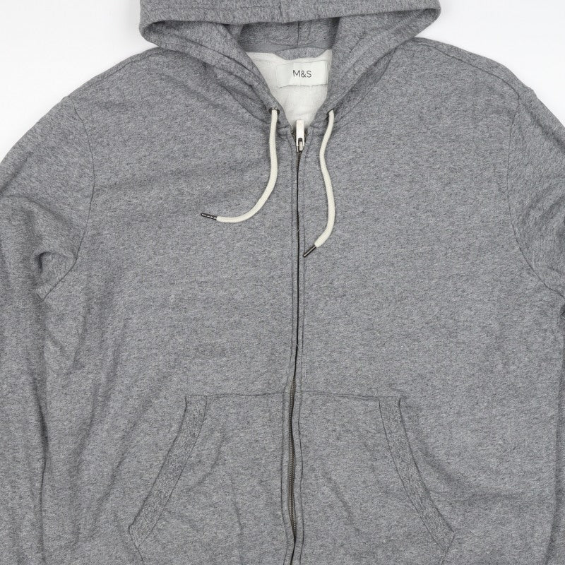 Marks and Spencer Men Grey L Full Zip Hooded Cotton Fleece Hoodie