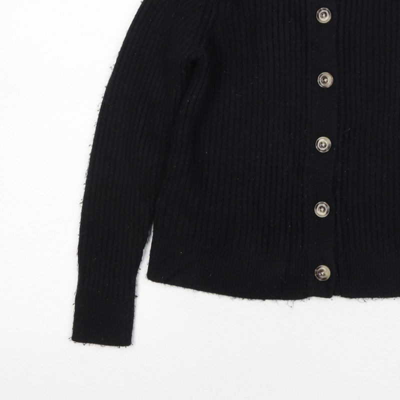 M&S Collection Women Black M Ribbed Button Mock Neck Cardigan