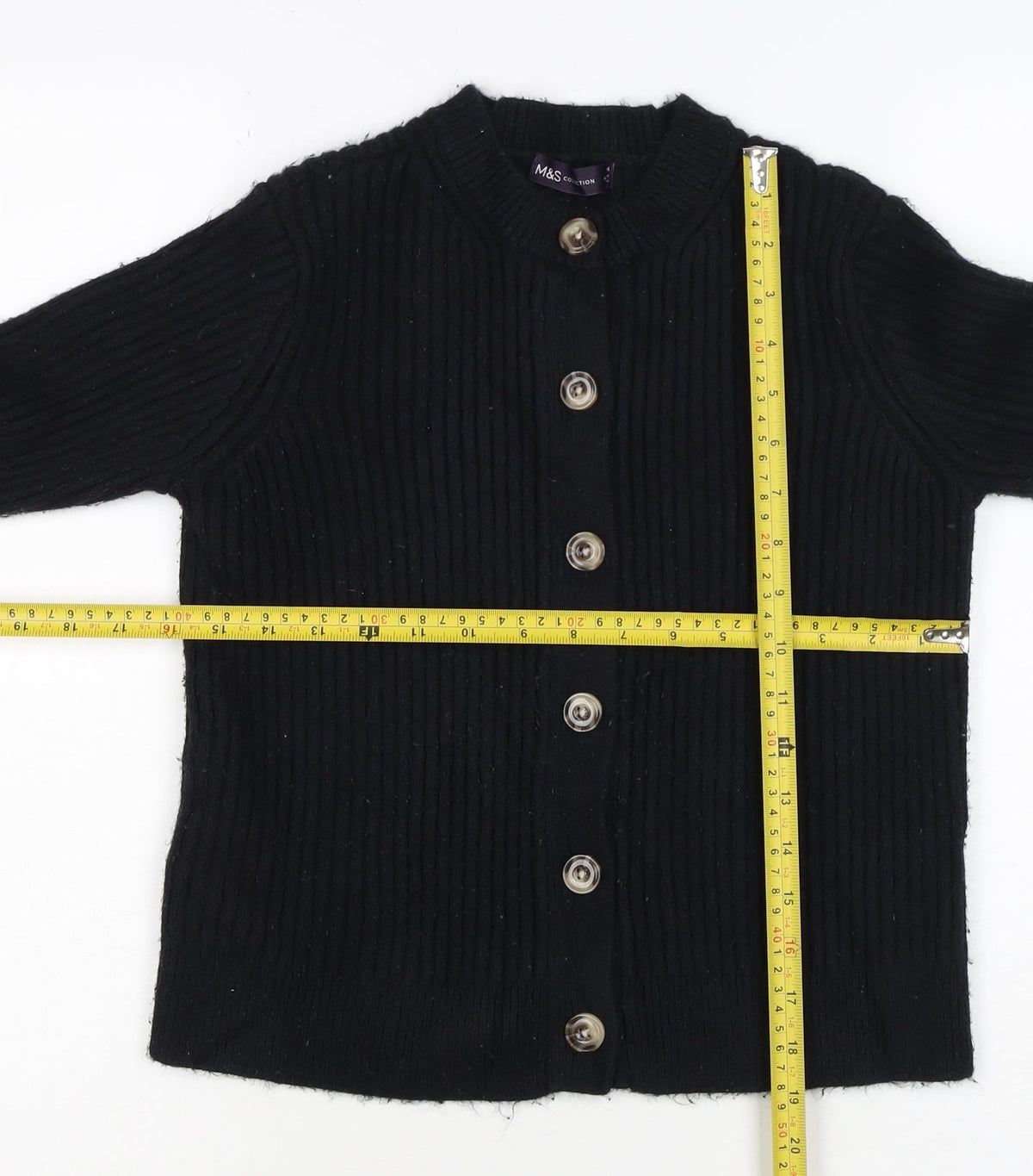 M&S Collection Women Black M Ribbed Button Mock Neck Cardigan