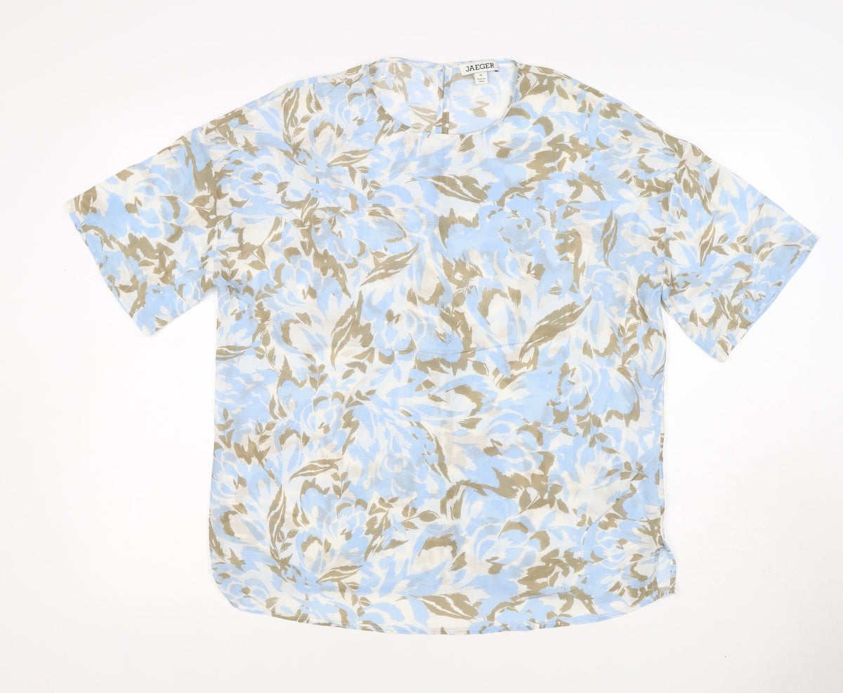 Jaeger Women’s Blue Floral Cotton Silk Size 10 Short Sleeve Blouse