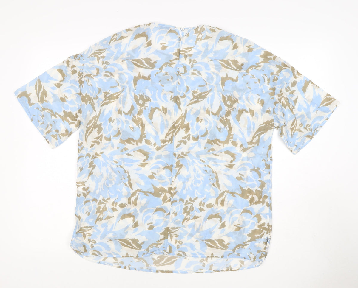 Jaeger Women’s Blue Floral Cotton Silk Size 10 Short Sleeve Blouse