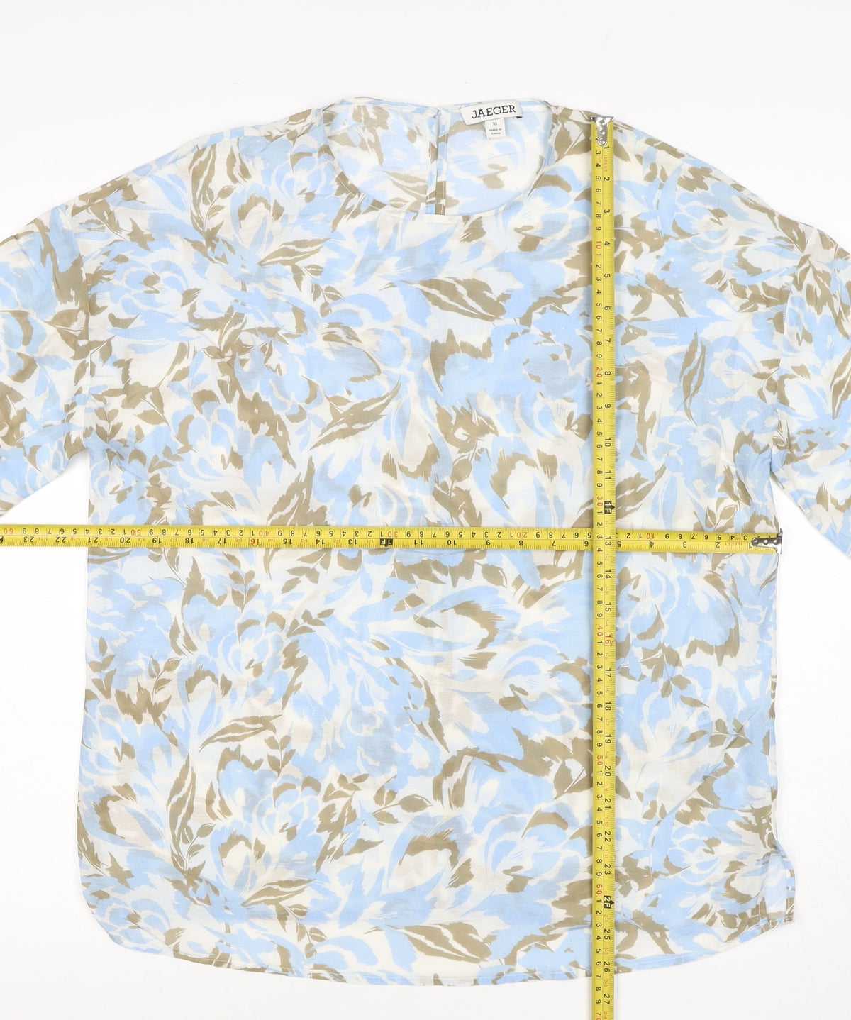 Jaeger Women’s Blue Floral Cotton Silk Size 10 Short Sleeve Blouse